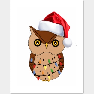 Funny Owl Christmas Lights Santa Hat Xmas Owl Lover Gifts Posters and Art